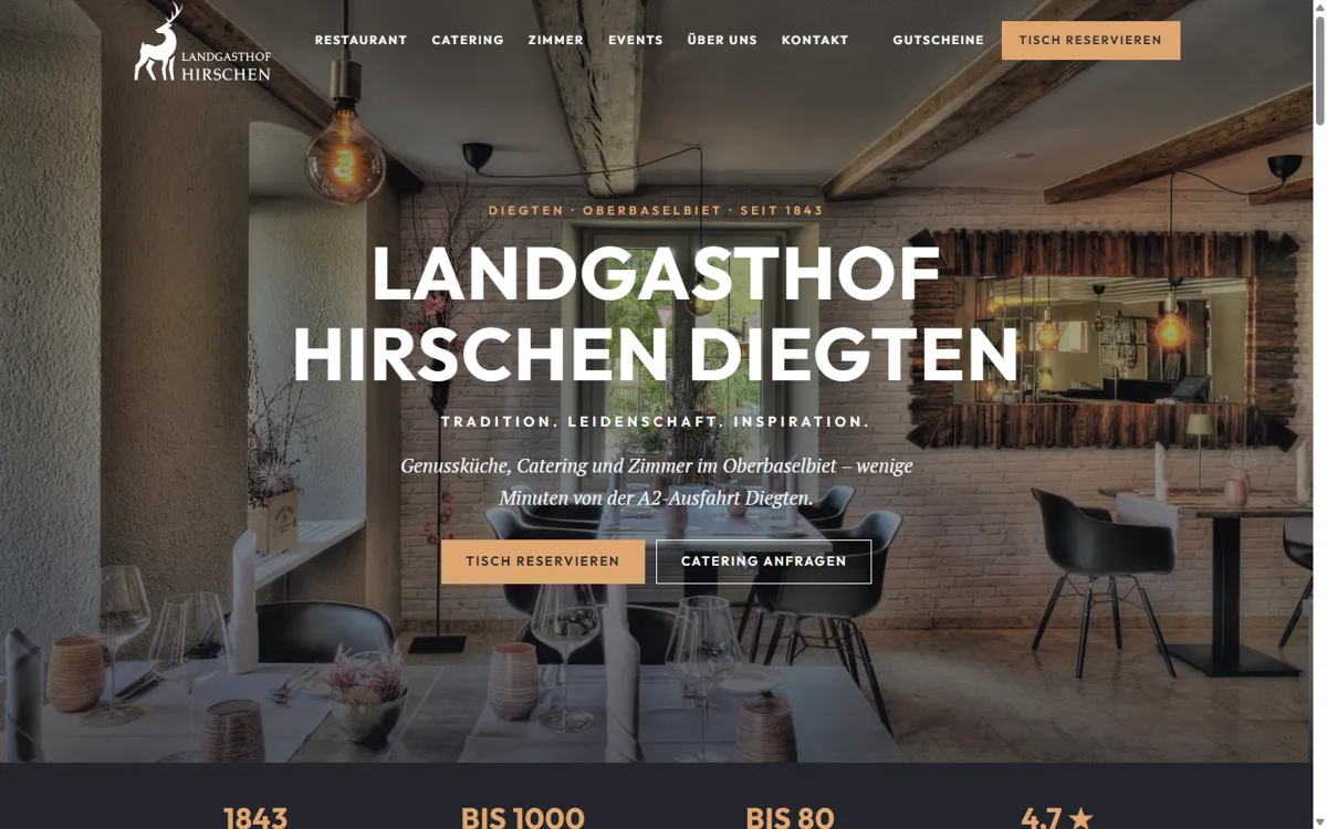 Neue Website des Landgasthofs Hirschen in Diegten auf dem Desktop – Webdesign von Marketing 360°